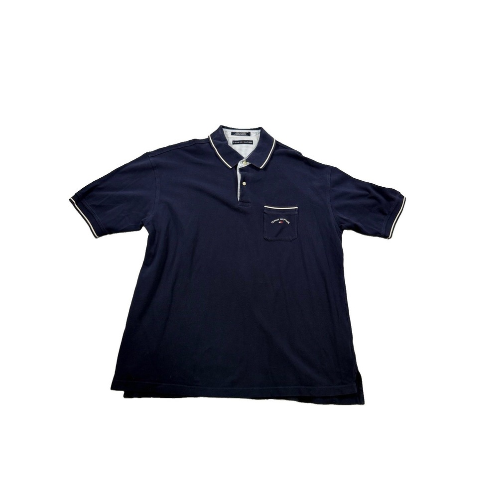 Y2K Tommy Hilfiger Mens XXL Navy Blue Polo Collared Pocket Shirt Golf 90's